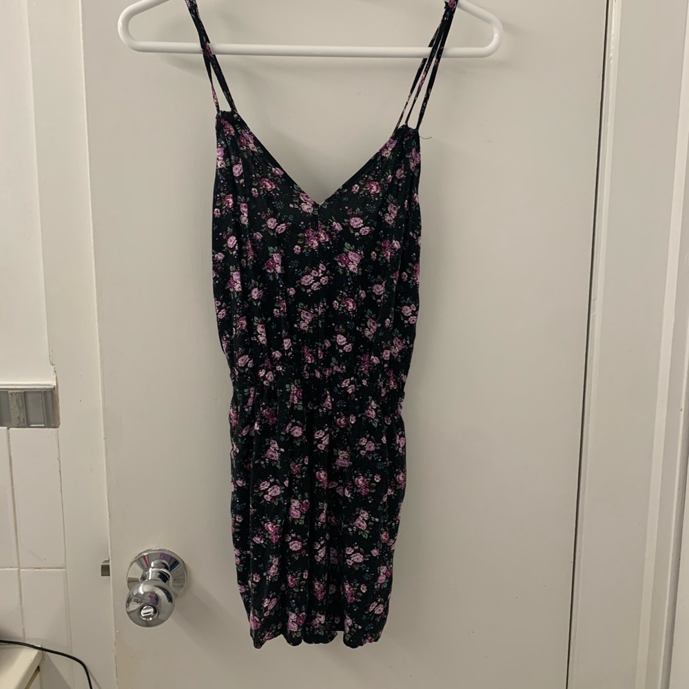 Black/purple floral romper with POCKETS